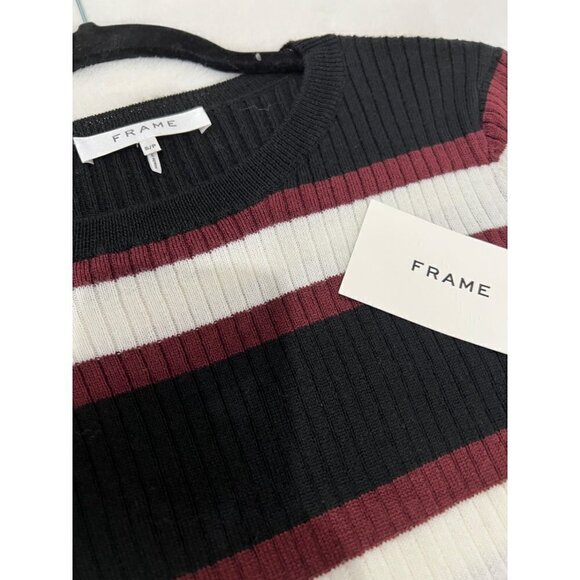 NWT FRAME Size S Noir Multi Striped Wool Blend Ruffle Sleeve Sweater MSRP $245 - Picture 6 of 12